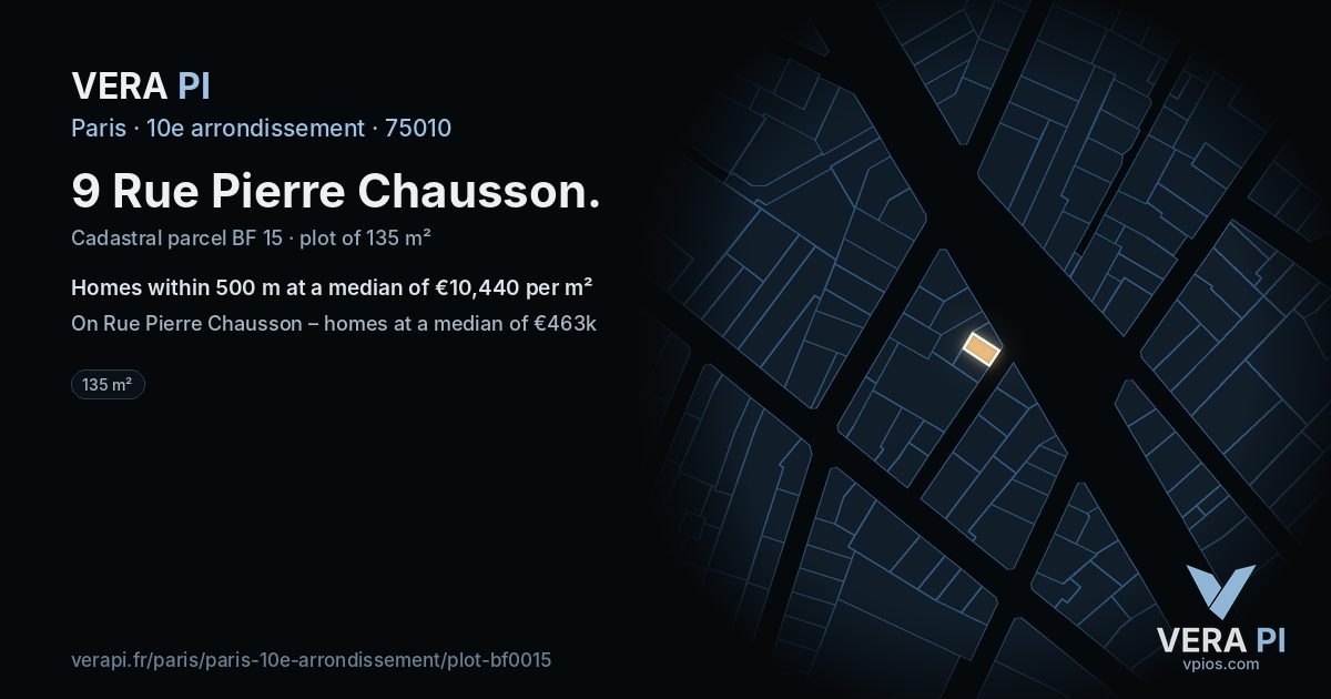 9 Rue Pierre Chausson, 10e arrondissement at night – the plot lit, the parcels around coloured by the prices near them