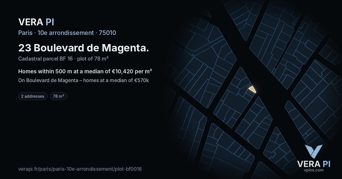 23 Boulevard de Magenta, 10e arrondissement at night – the plot lit, the parcels around coloured by the prices near them