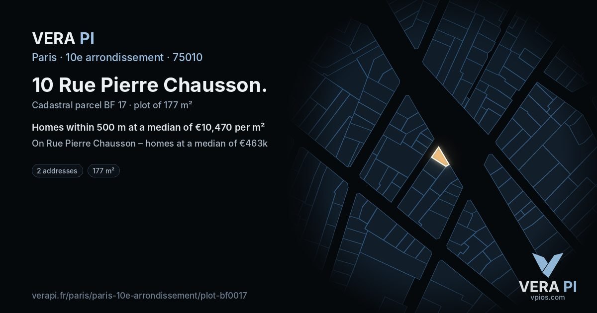 10 Rue Pierre Chausson, 10e arrondissement at night – the plot lit, the parcels around coloured by the prices near them