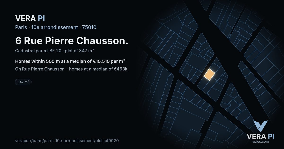 6 Rue Pierre Chausson, 10e arrondissement at night – the plot lit, the parcels around coloured by the prices near them