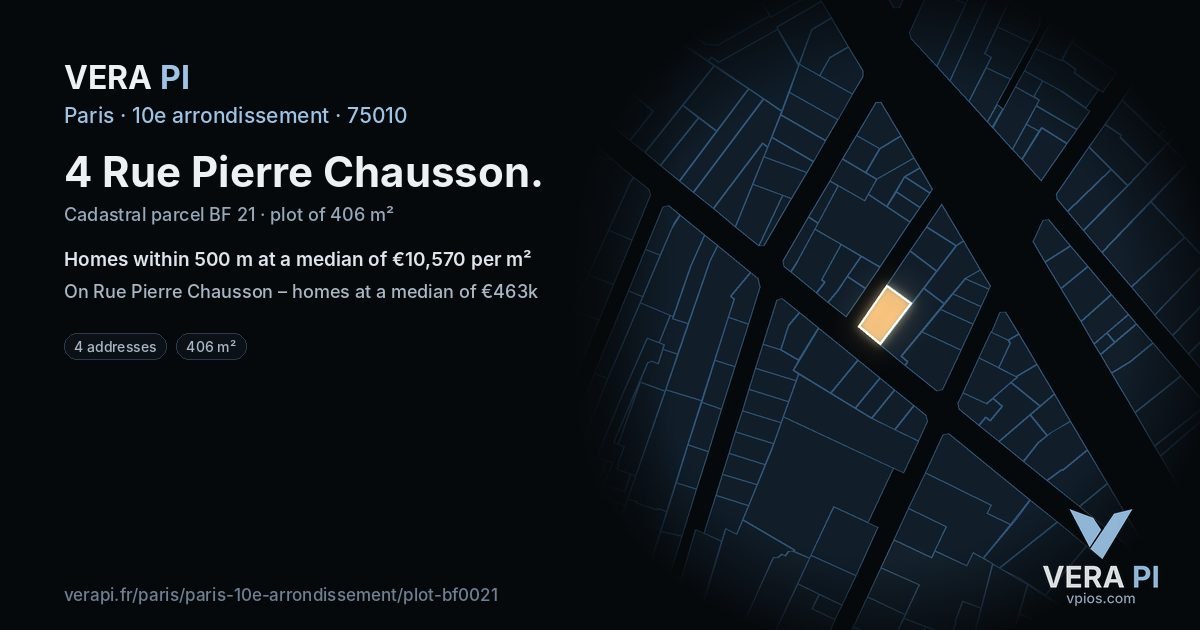 4 Rue Pierre Chausson, 10e arrondissement at night – the plot lit, the parcels around coloured by the prices near them