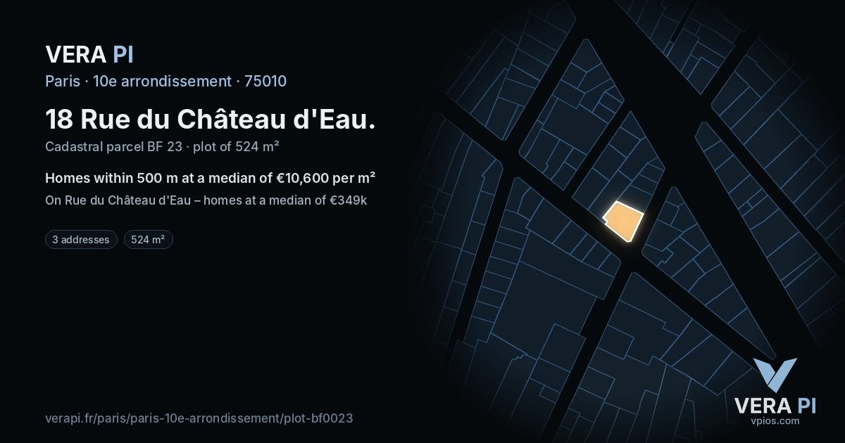 18 Rue du Château d'Eau, 10e arrondissement at night – the plot lit, the parcels around coloured by the prices near them