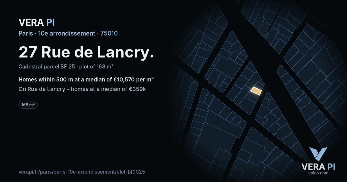27 Rue de Lancry, 10e arrondissement at night – the plot lit, the parcels around coloured by the prices near them