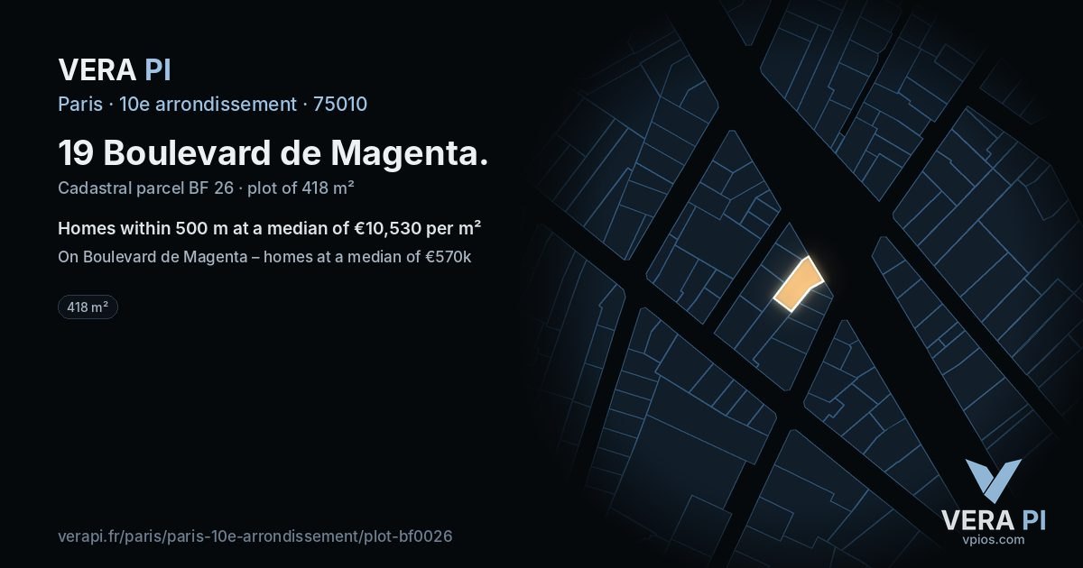 19 Boulevard de Magenta, 10e arrondissement at night – the plot lit, the parcels around coloured by the prices near them