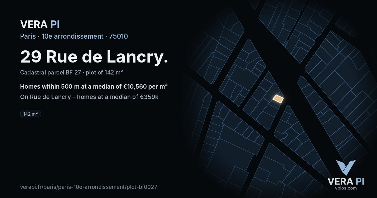 29 Rue de Lancry, 10e arrondissement at night – the plot lit, the parcels around coloured by the prices near them