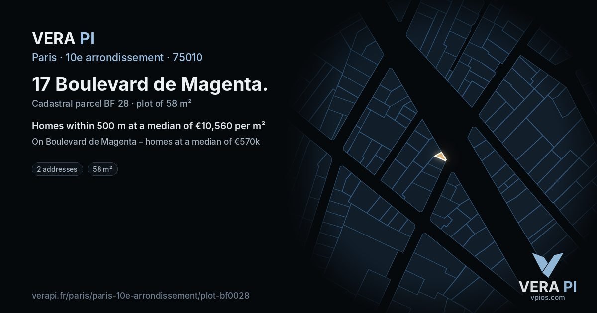 17 Boulevard de Magenta, 10e arrondissement at night – the plot lit, the parcels around coloured by the prices near them
