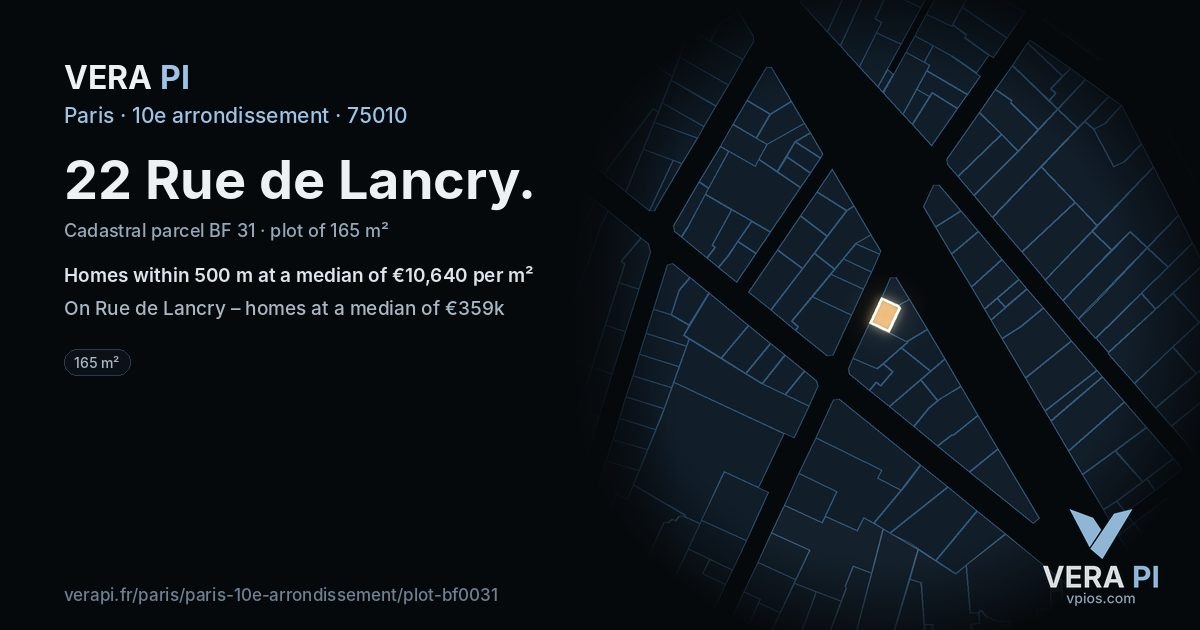 22 Rue de Lancry, 10e arrondissement at night – the plot lit, the parcels around coloured by the prices near them