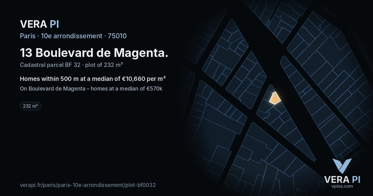 13 Boulevard de Magenta, 10e arrondissement at night – the plot lit, the parcels around coloured by the prices near them