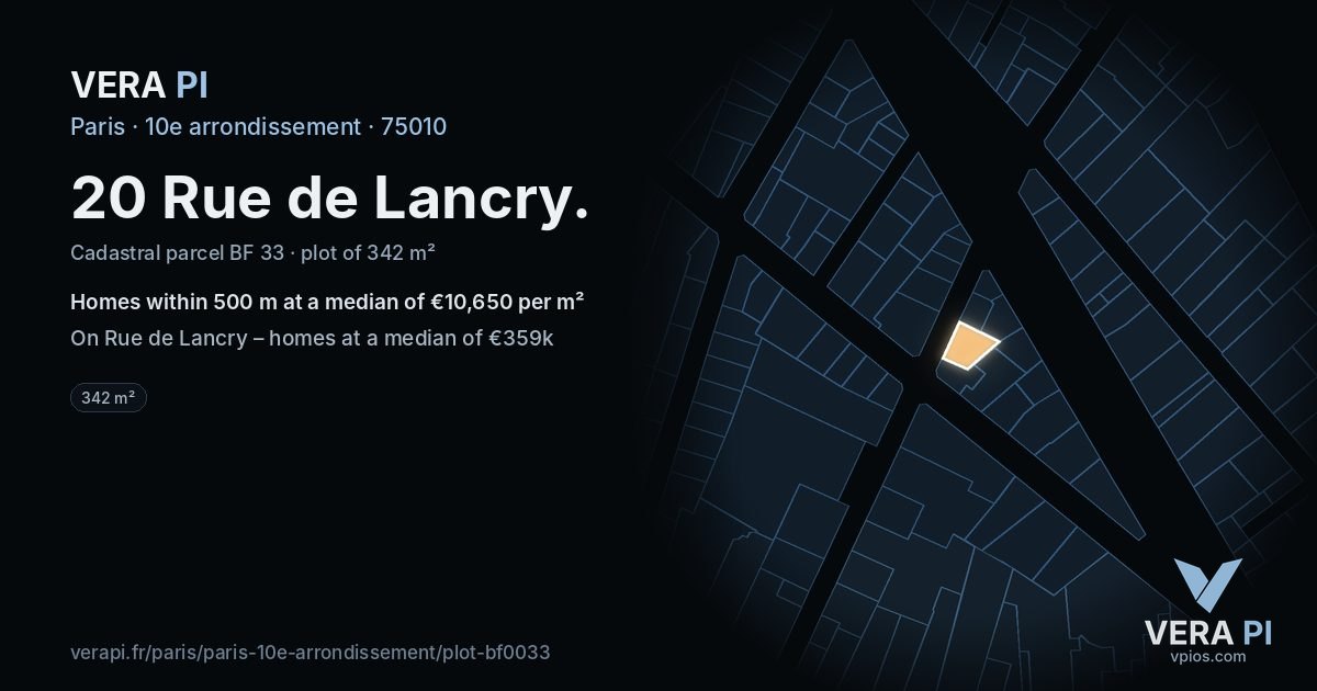 20 Rue de Lancry, 10e arrondissement at night – the plot lit, the parcels around coloured by the prices near them
