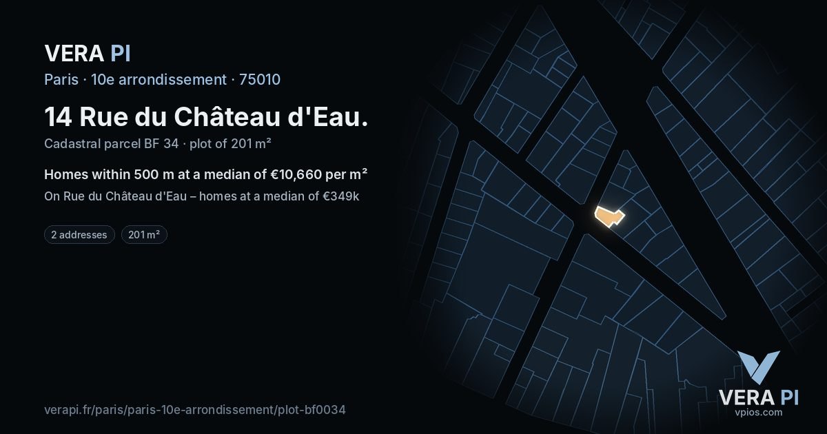 14 Rue du Château d'Eau, 10e arrondissement at night – the plot lit, the parcels around coloured by the prices near them