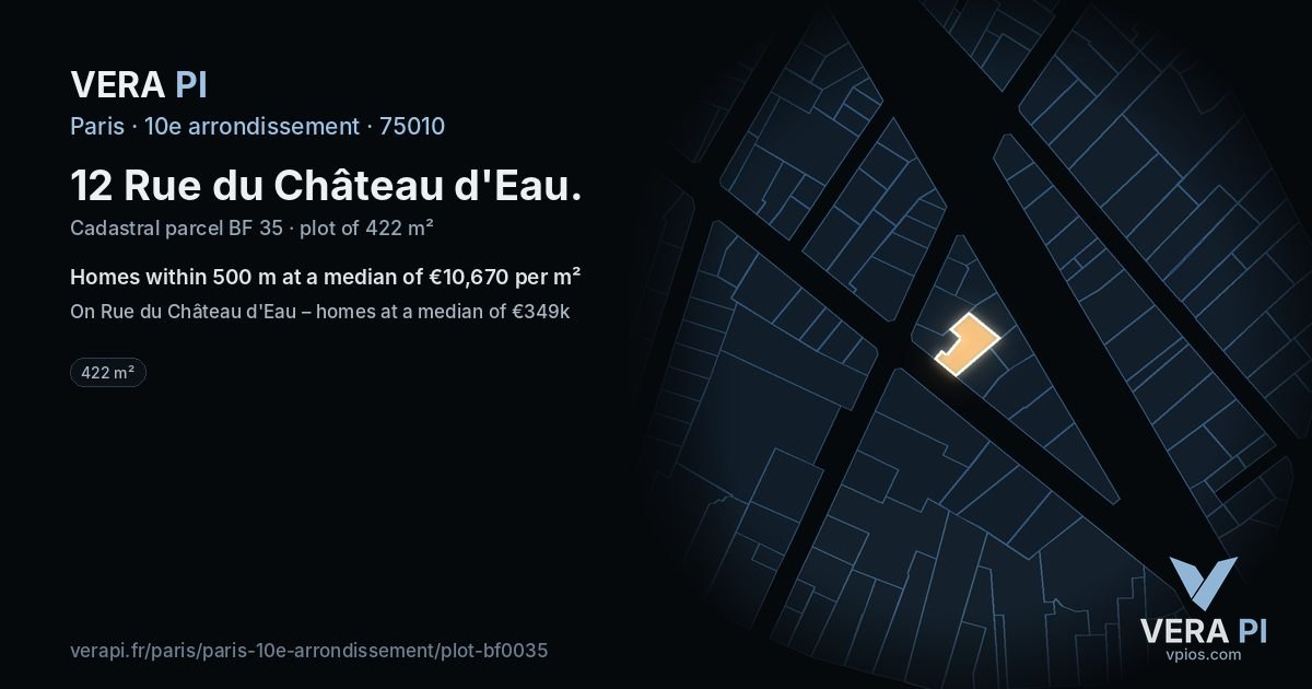 12 Rue du Château d'Eau, 10e arrondissement at night – the plot lit, the parcels around coloured by the prices near them