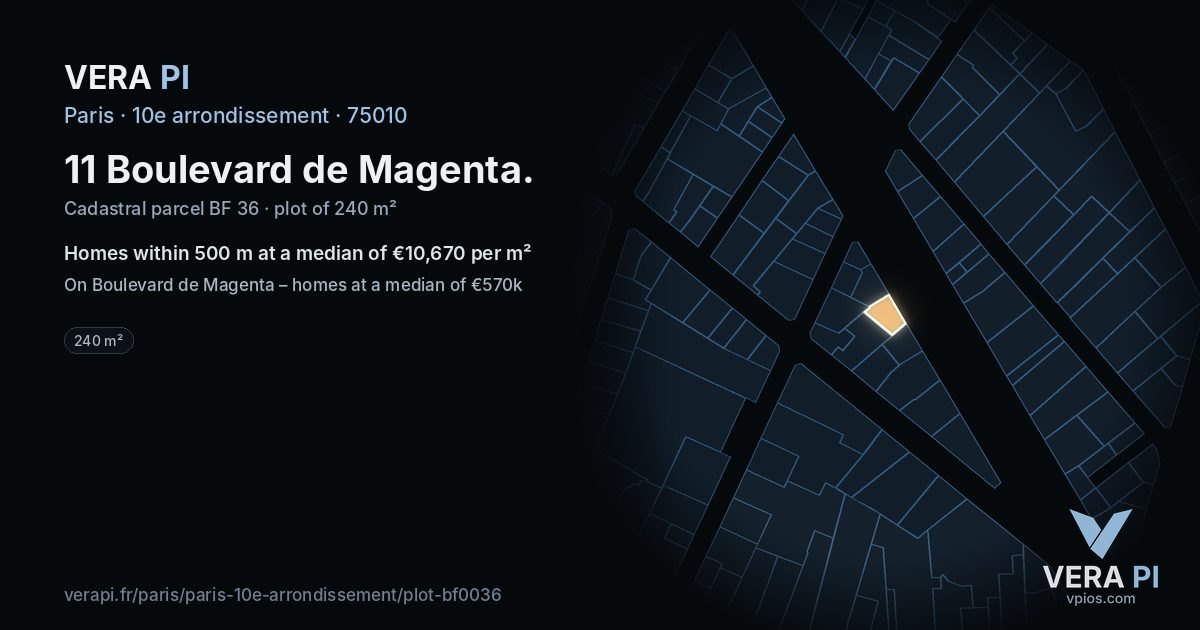 11 Boulevard de Magenta, 10e arrondissement at night – the plot lit, the parcels around coloured by the prices near them