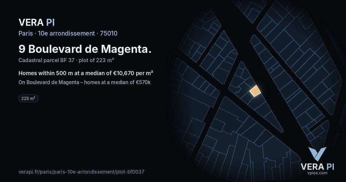 9 Boulevard de Magenta, 10e arrondissement at night – the plot lit, the parcels around coloured by the prices near them