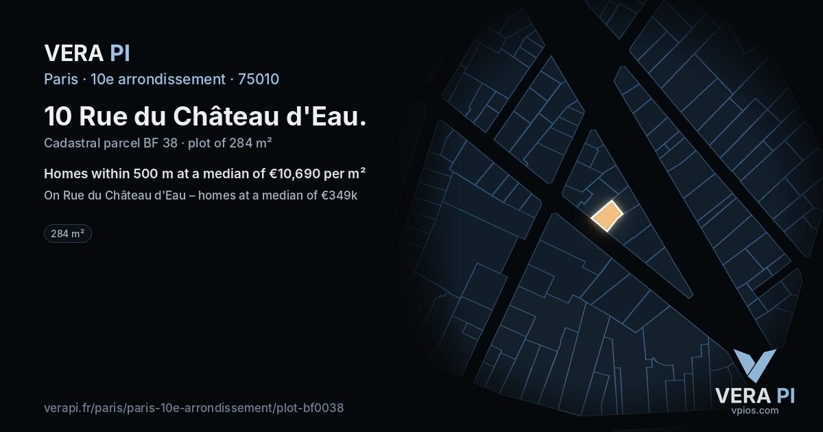 10 Rue du Château d'Eau, 10e arrondissement at night – the plot lit, the parcels around coloured by the prices near them