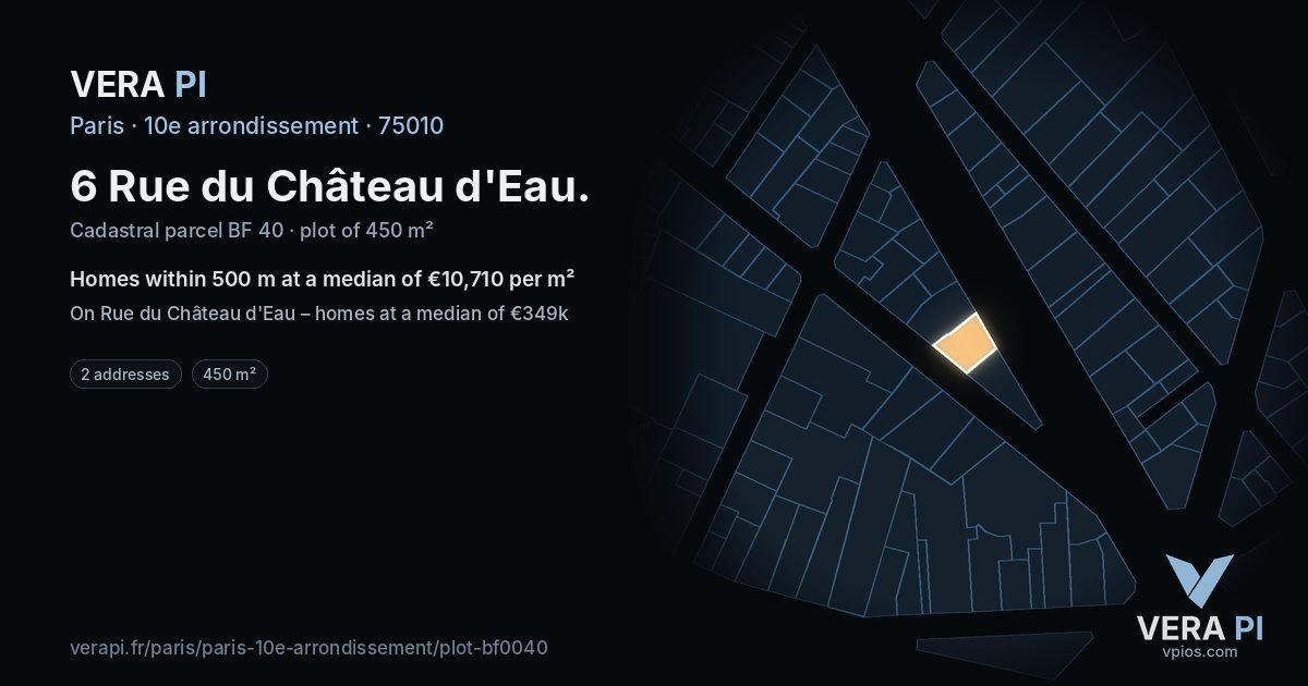 6 Rue du Château d'Eau, 10e arrondissement at night – the plot lit, the parcels around coloured by the prices near them