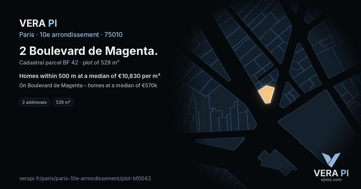 2 Boulevard de Magenta, 10e arrondissement at night – the plot lit, the parcels around coloured by the prices near them