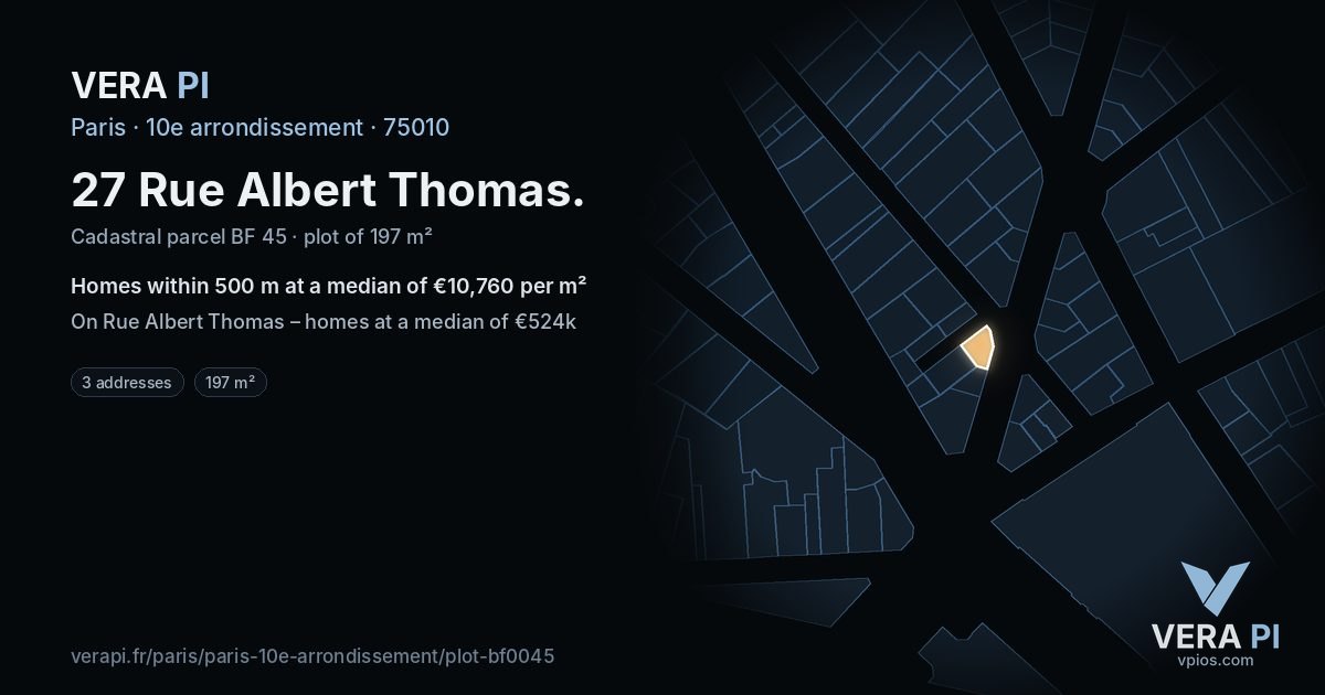 27 Rue Albert Thomas, 10e arrondissement at night – the plot lit, the parcels around coloured by the prices near them