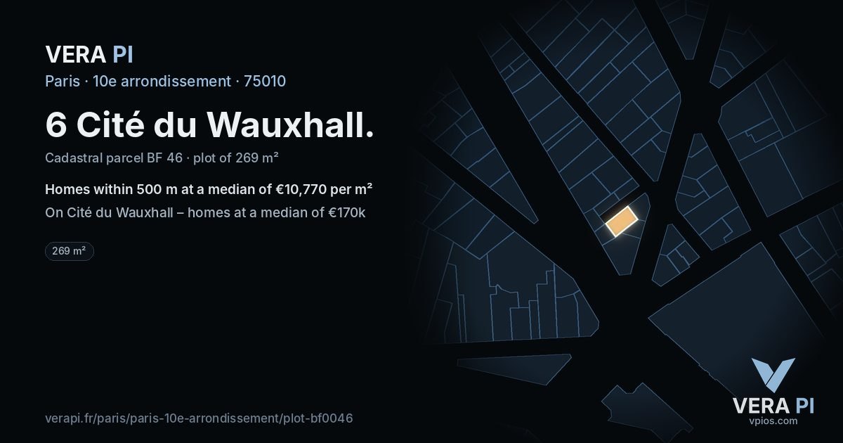 6 Cité du Wauxhall, 10e arrondissement at night – the plot lit, the parcels around coloured by the prices near them