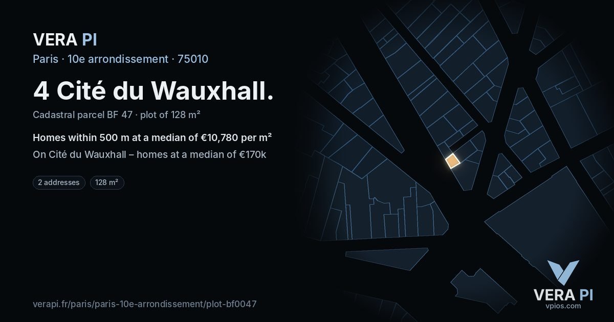 4 Cité du Wauxhall, 10e arrondissement at night – the plot lit, the parcels around coloured by the prices near them