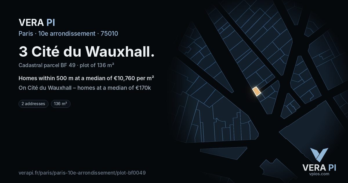 3 Cité du Wauxhall, 10e arrondissement at night – the plot lit, the parcels around coloured by the prices near them