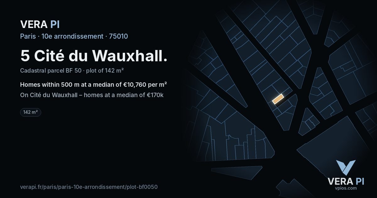 5 Cité du Wauxhall, 10e arrondissement at night – the plot lit, the parcels around coloured by the prices near them