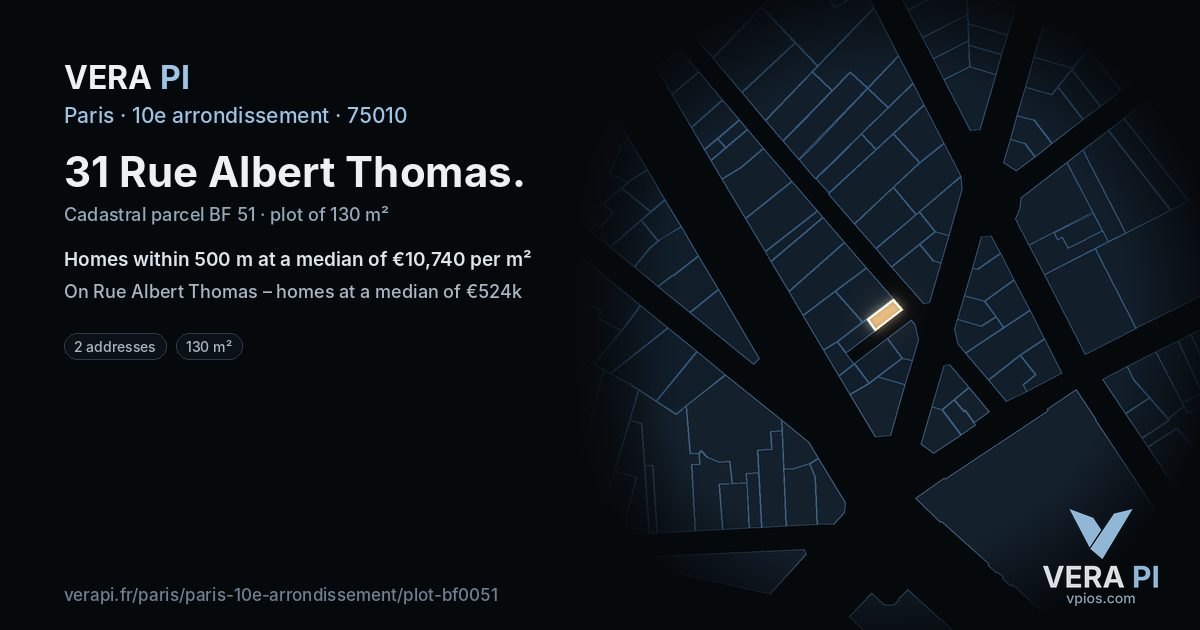 31 Rue Albert Thomas, 10e arrondissement at night – the plot lit, the parcels around coloured by the prices near them