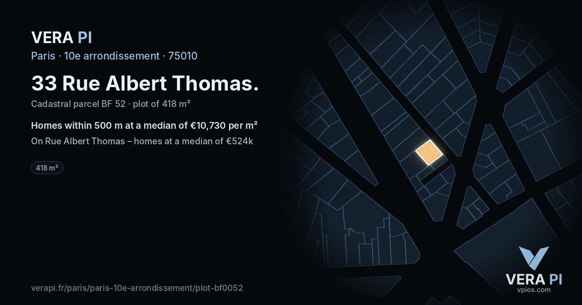 33 Rue Albert Thomas, 10e arrondissement at night – the plot lit, the parcels around coloured by the prices near them