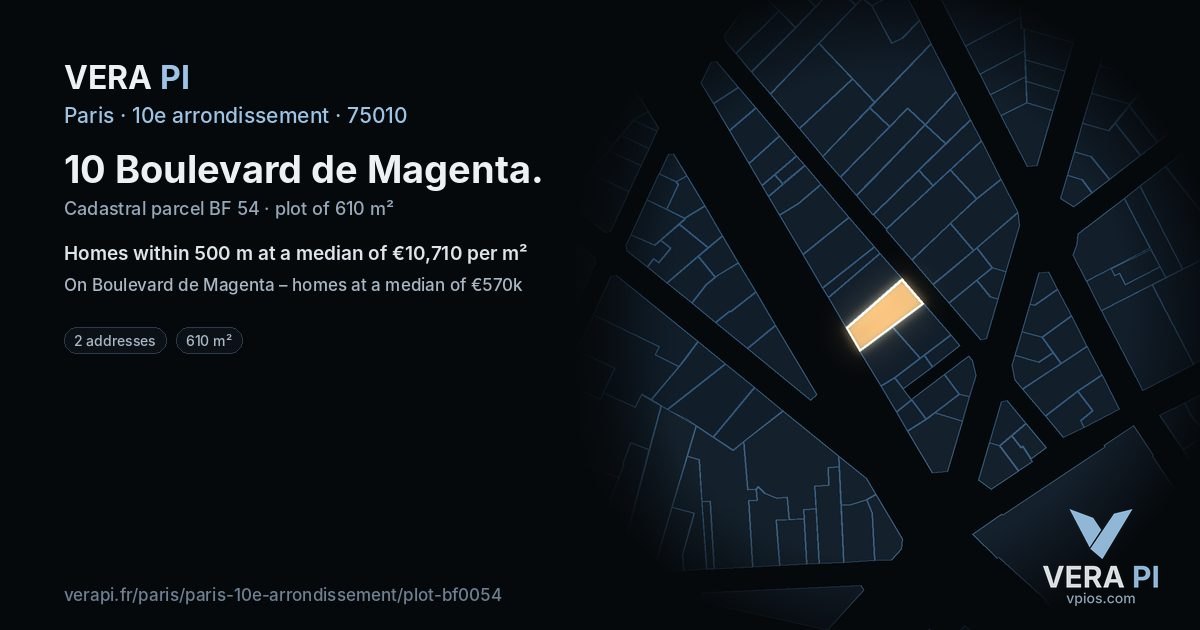 10 Boulevard de Magenta, 10e arrondissement at night – the plot lit, the parcels around coloured by the prices near them