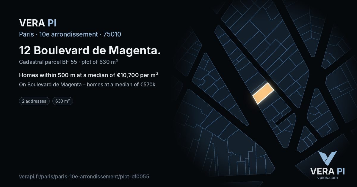 12 Boulevard de Magenta, 10e arrondissement at night – the plot lit, the parcels around coloured by the prices near them