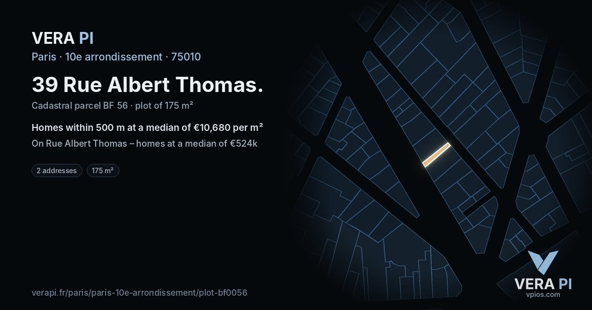 39 Rue Albert Thomas, 10e arrondissement at night – the plot lit, the parcels around coloured by the prices near them