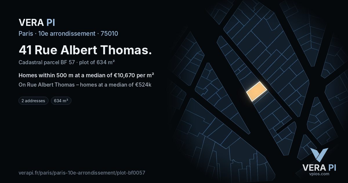 41 Rue Albert Thomas, 10e arrondissement at night – the plot lit, the parcels around coloured by the prices near them