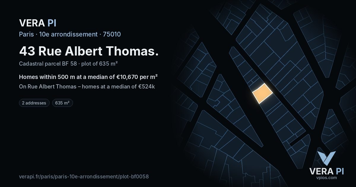 43 Rue Albert Thomas, 10e arrondissement at night – the plot lit, the parcels around coloured by the prices near them