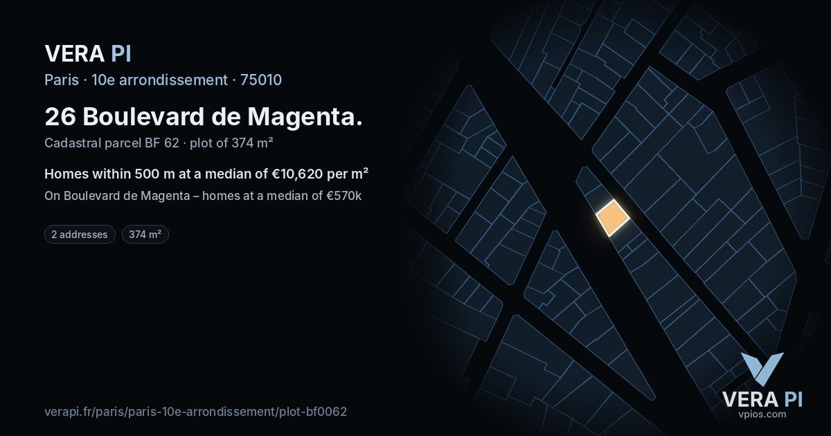 26 Boulevard de Magenta, 10e arrondissement at night – the plot lit, the parcels around coloured by the prices near them