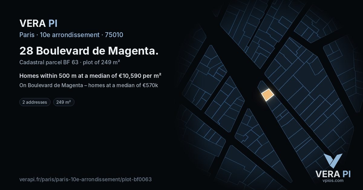 28 Boulevard de Magenta, 10e arrondissement at night – the plot lit, the parcels around coloured by the prices near them