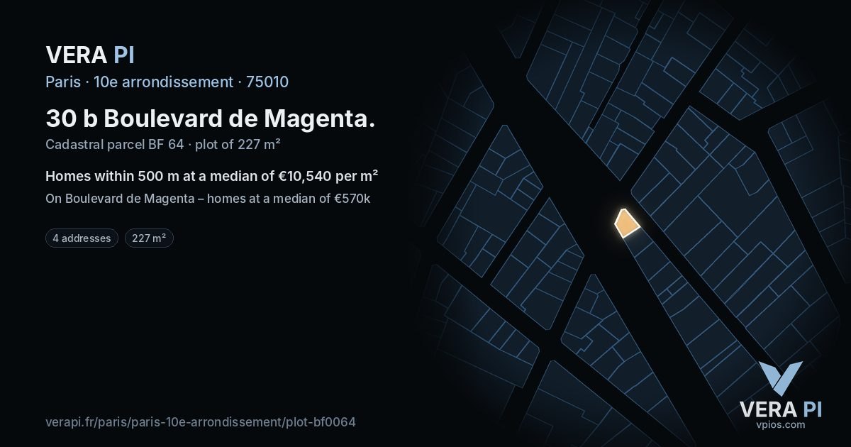 30 b Boulevard de Magenta, 10e arrondissement at night – the plot lit, the parcels around coloured by the prices near them