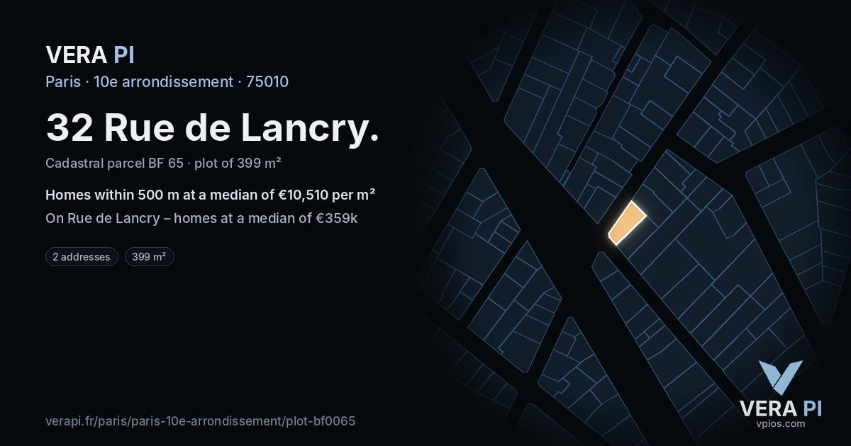 32 Rue de Lancry, 10e arrondissement at night – the plot lit, the parcels around coloured by the prices near them