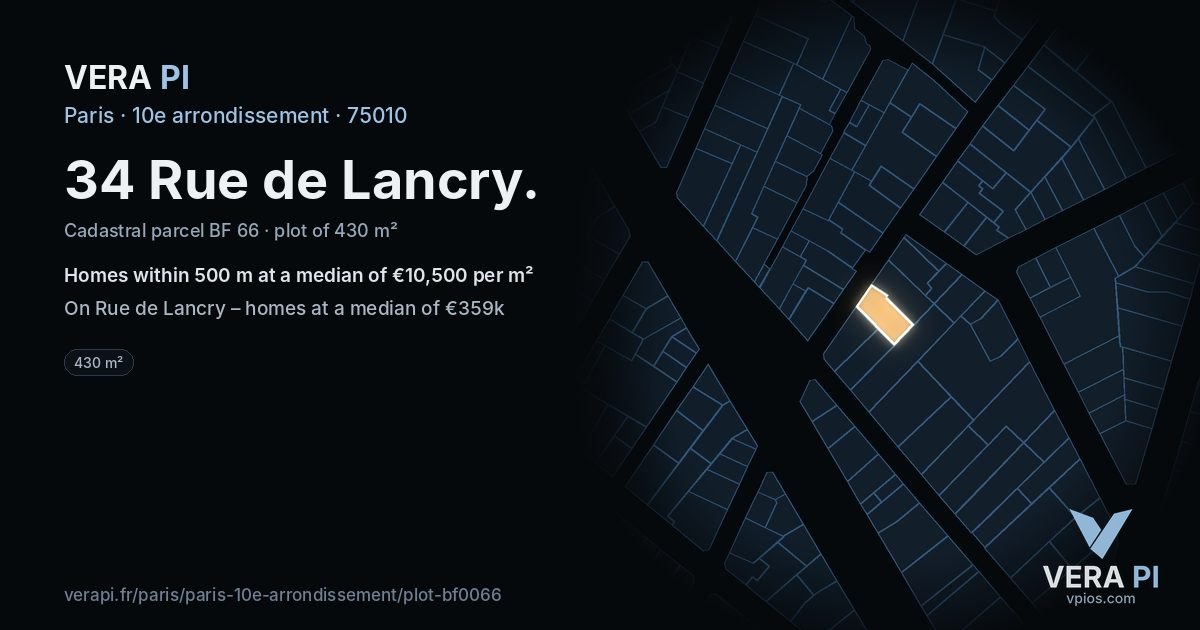 34 Rue de Lancry, 10e arrondissement at night – the plot lit, the parcels around coloured by the prices near them