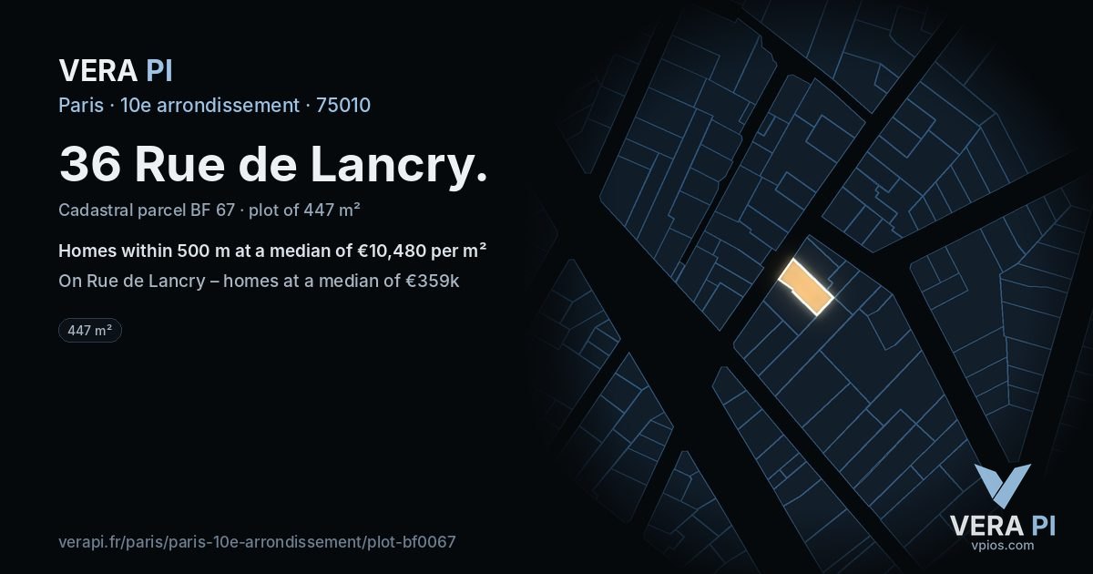 36 Rue de Lancry, 10e arrondissement at night – the plot lit, the parcels around coloured by the prices near them