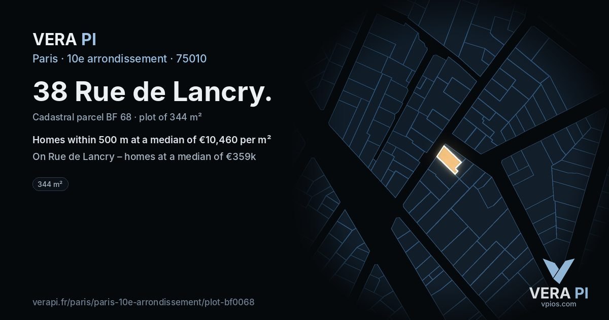 38 Rue de Lancry, 10e arrondissement at night – the plot lit, the parcels around coloured by the prices near them