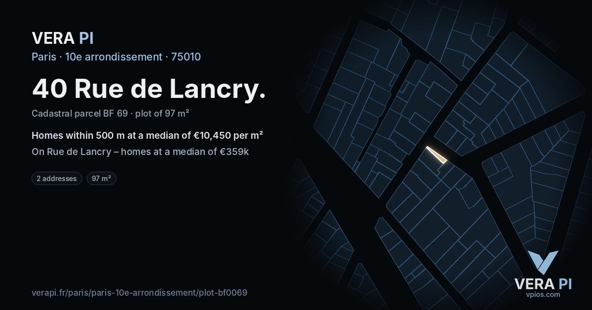 40 Rue de Lancry, 10e arrondissement at night – the plot lit, the parcels around coloured by the prices near them