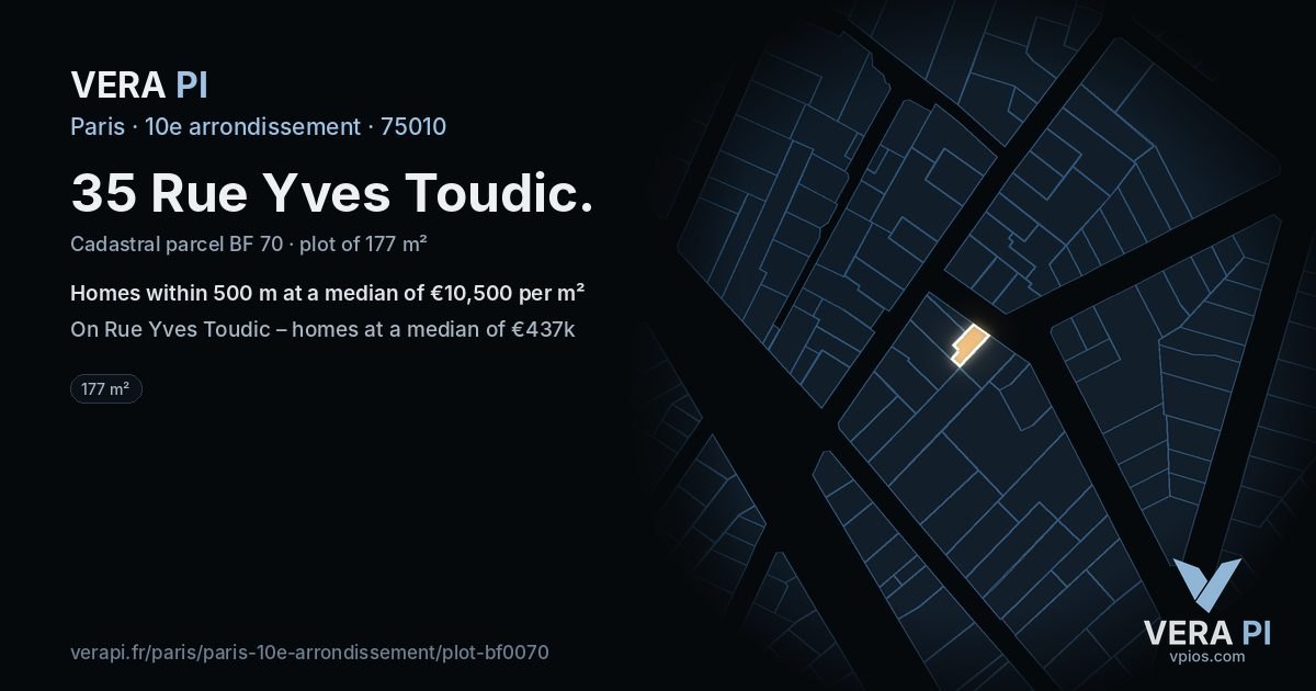 35 Rue Yves Toudic, 10e arrondissement at night – the plot lit, the parcels around coloured by the prices near them