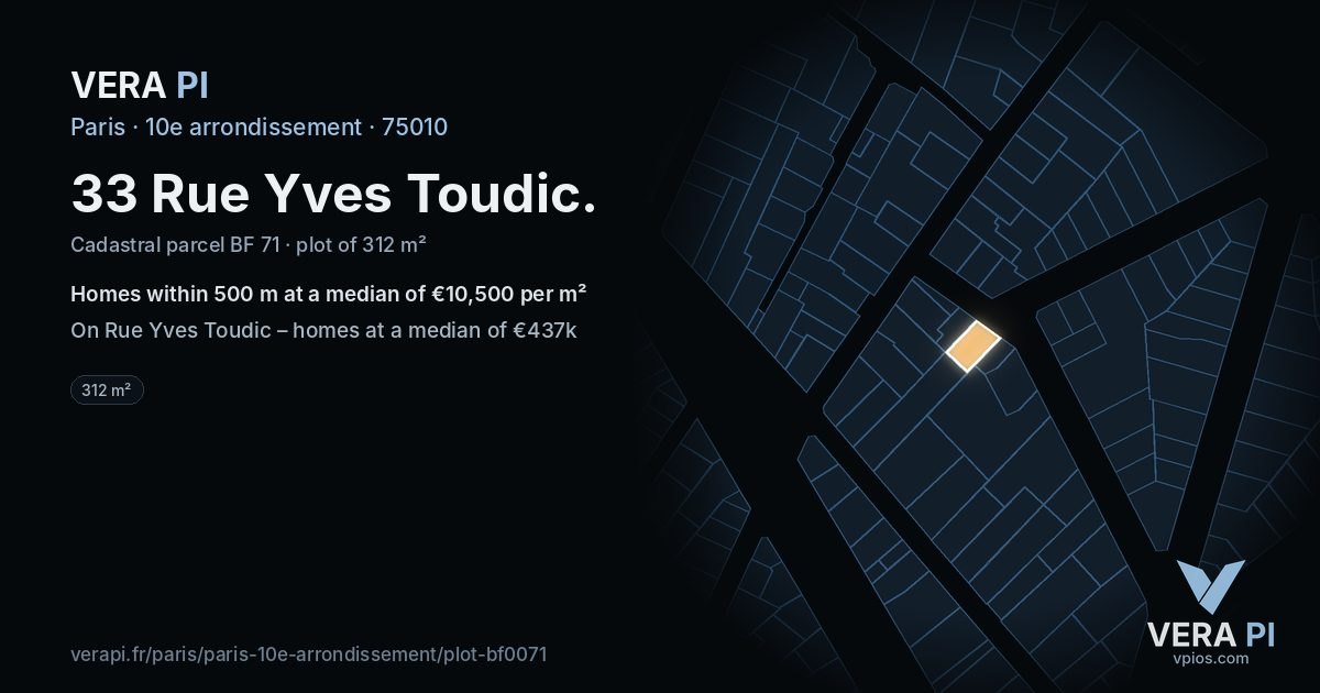33 Rue Yves Toudic, 10e arrondissement at night – the plot lit, the parcels around coloured by the prices near them
