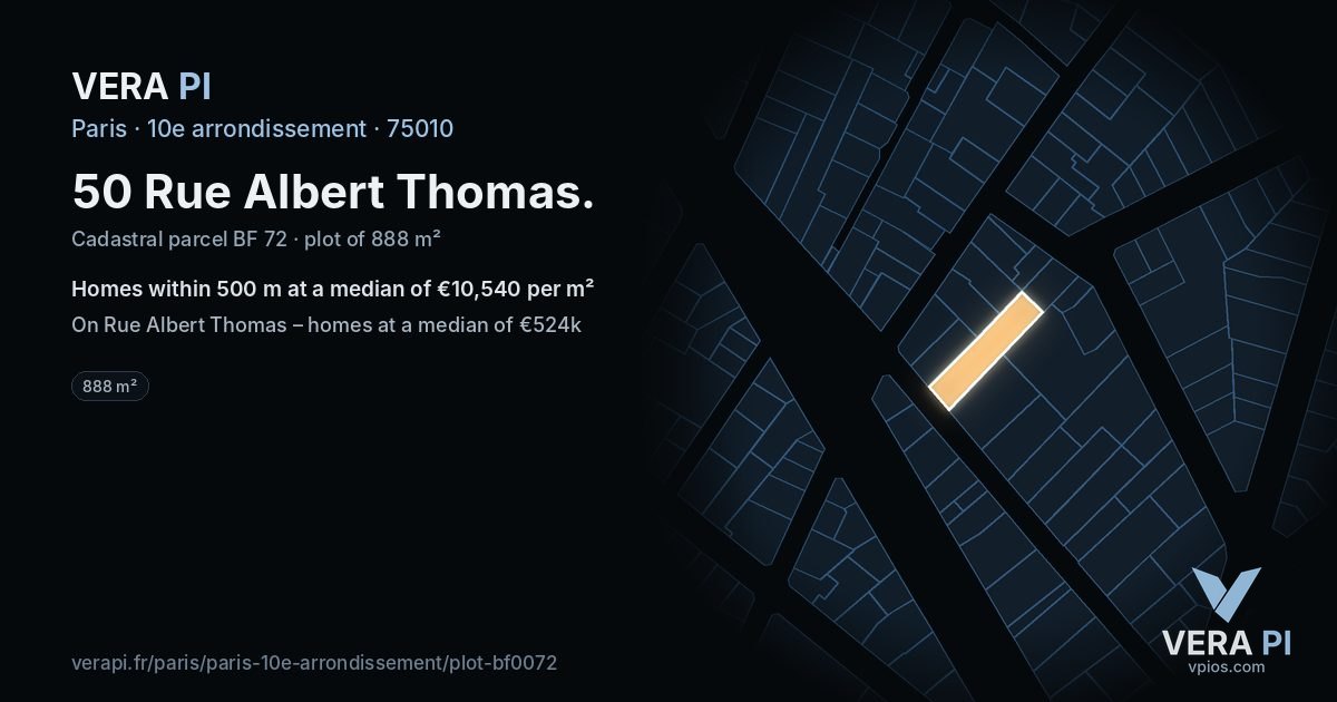 50 Rue Albert Thomas, 10e arrondissement at night – the plot lit, the parcels around coloured by the prices near them