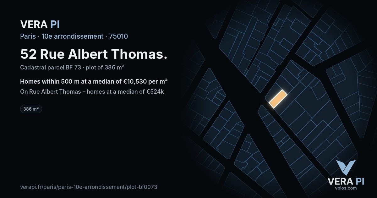 52 Rue Albert Thomas, 10e arrondissement at night – the plot lit, the parcels around coloured by the prices near them
