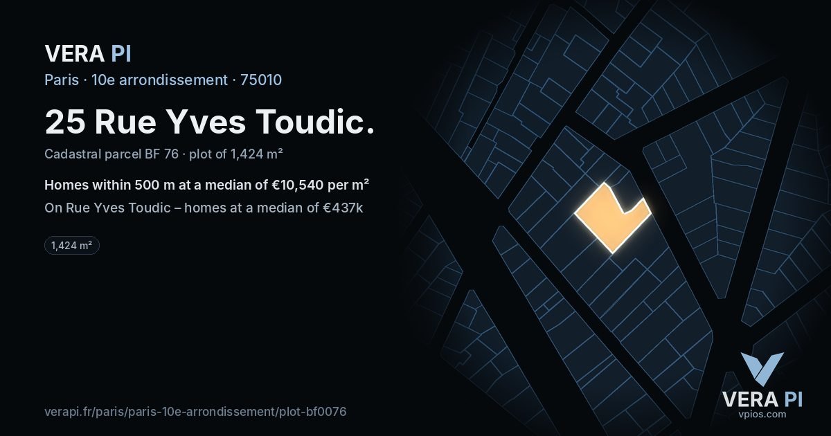 25 Rue Yves Toudic, 10e arrondissement at night – the plot lit, the parcels around coloured by the prices near them