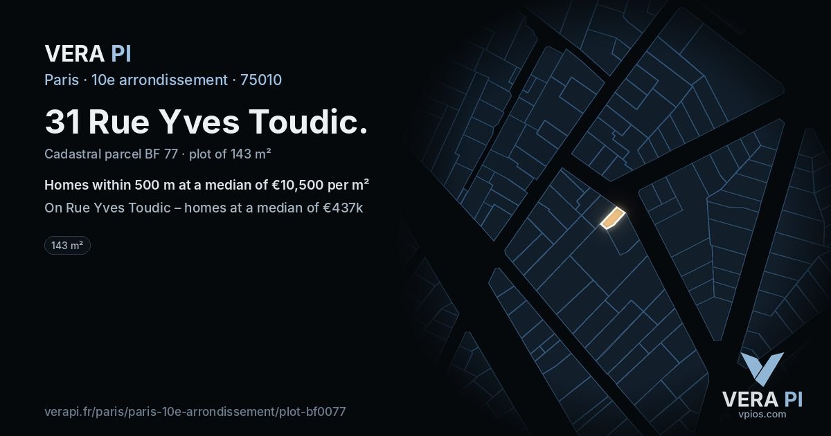 31 Rue Yves Toudic, 10e arrondissement at night – the plot lit, the parcels around coloured by the prices near them