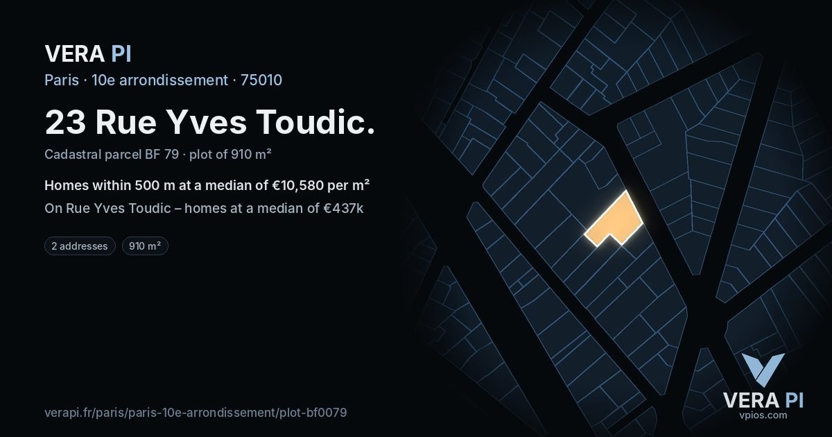 23 Rue Yves Toudic, 10e arrondissement at night – the plot lit, the parcels around coloured by the prices near them