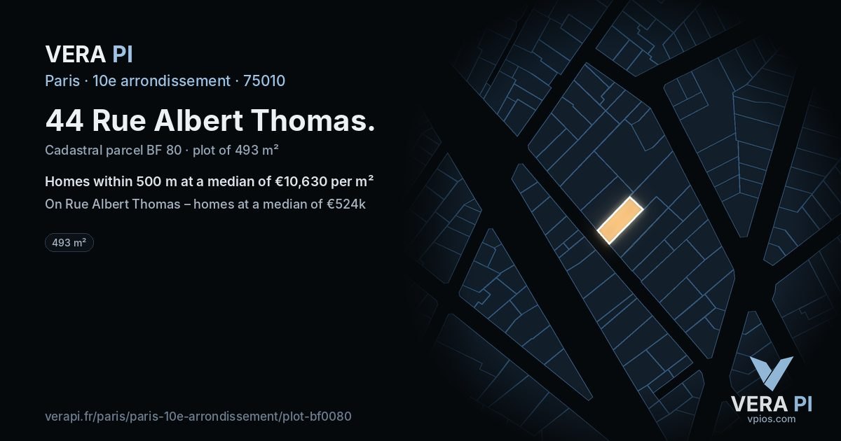 44 Rue Albert Thomas, 10e arrondissement at night – the plot lit, the parcels around coloured by the prices near them
