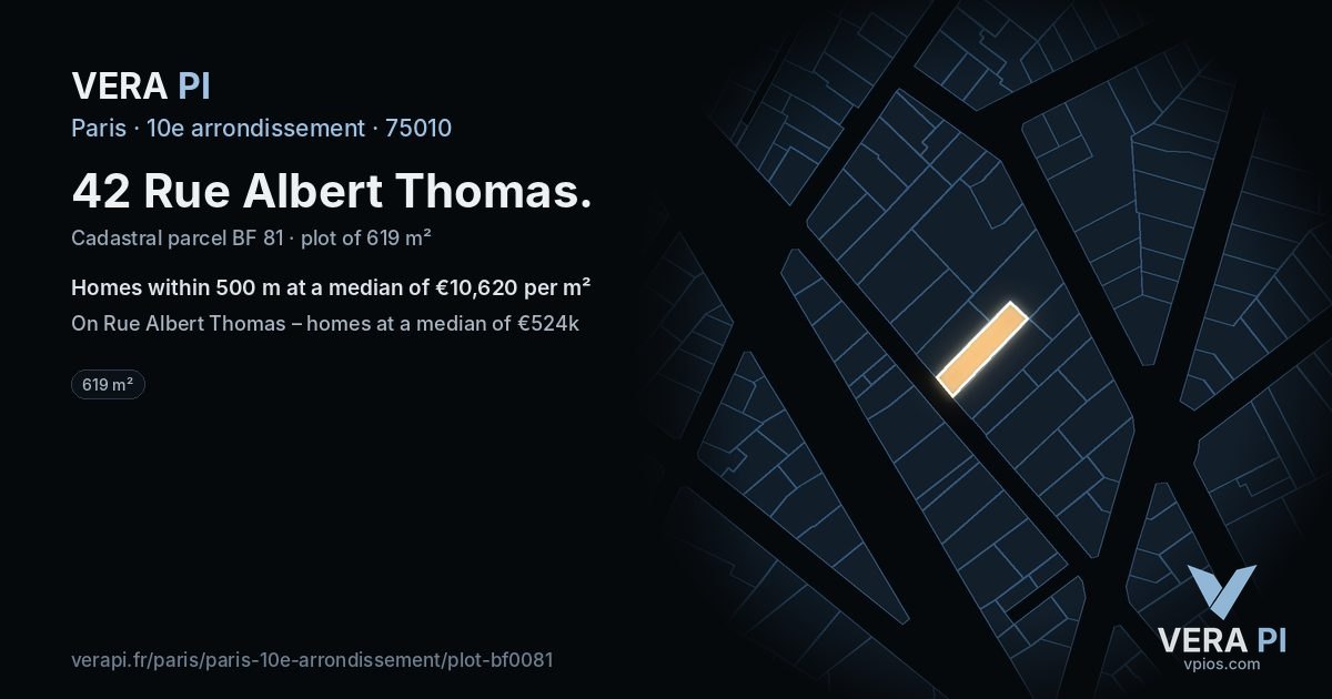 42 Rue Albert Thomas, 10e arrondissement at night – the plot lit, the parcels around coloured by the prices near them