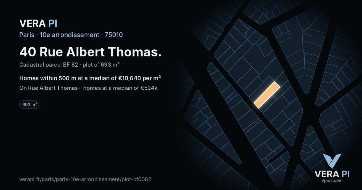 40 Rue Albert Thomas, 10e arrondissement at night – the plot lit, the parcels around coloured by the prices near them